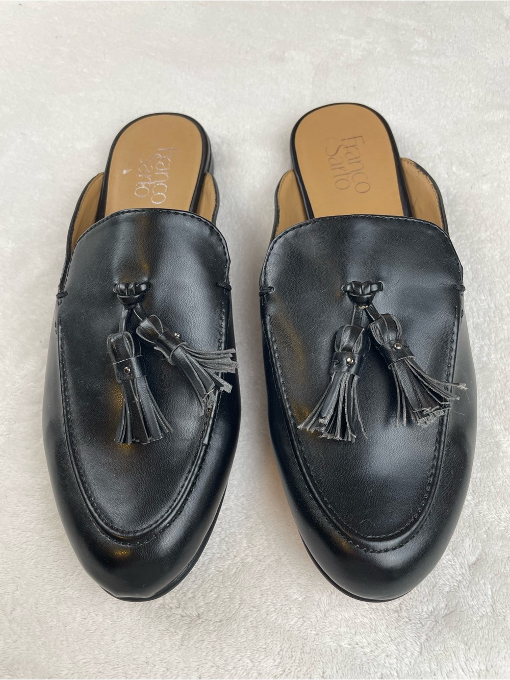 Franco Sarto Black Leather Tassel Slip-On Mules